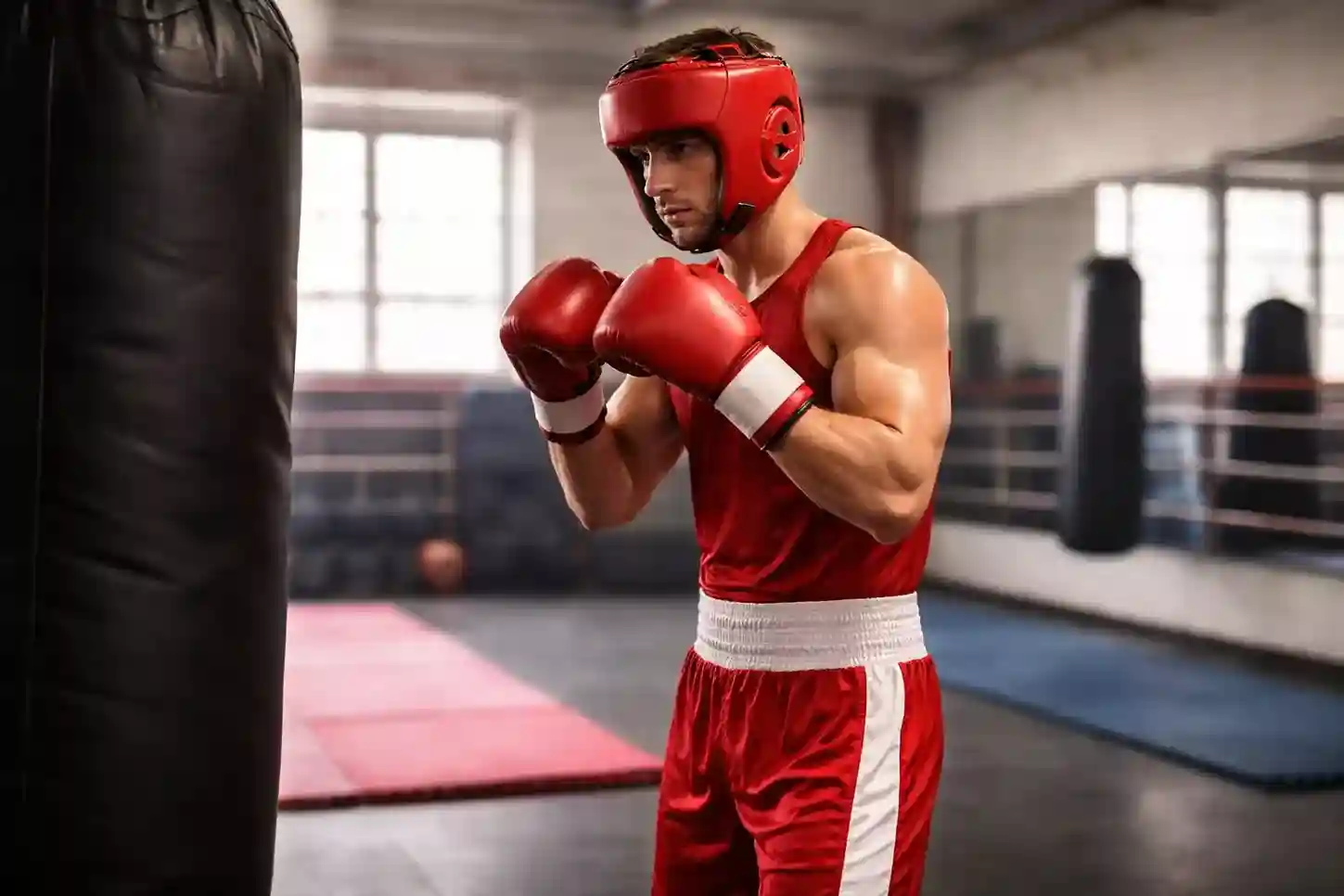 Amateurboxer mit Kopfschutz und Schutzausr&uuml;stung im Training