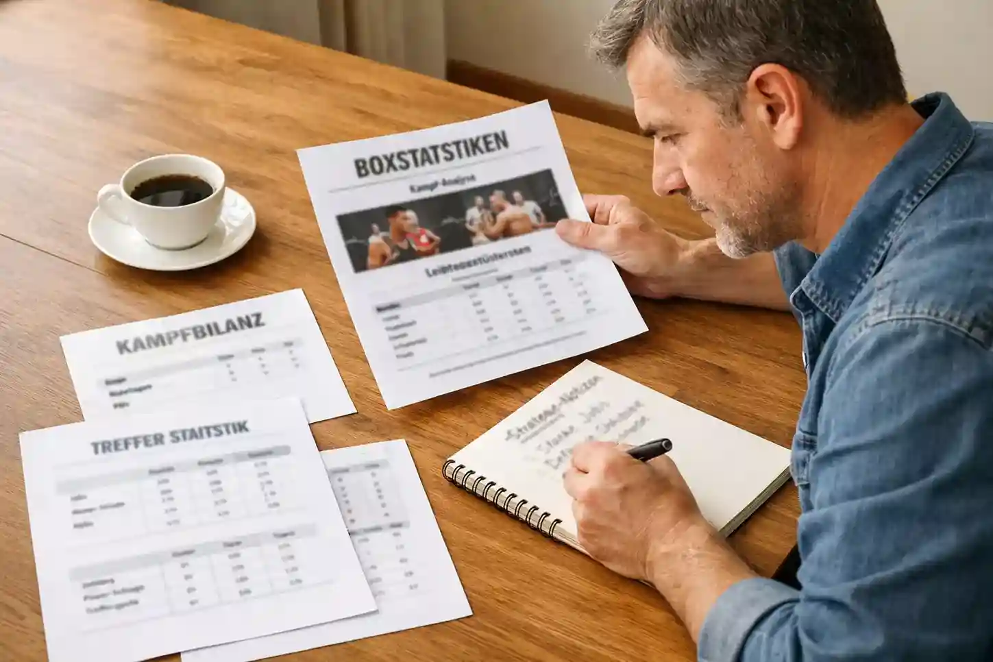 Mann analysiert Boxkampf-Statistiken auf Papier mit Notizen