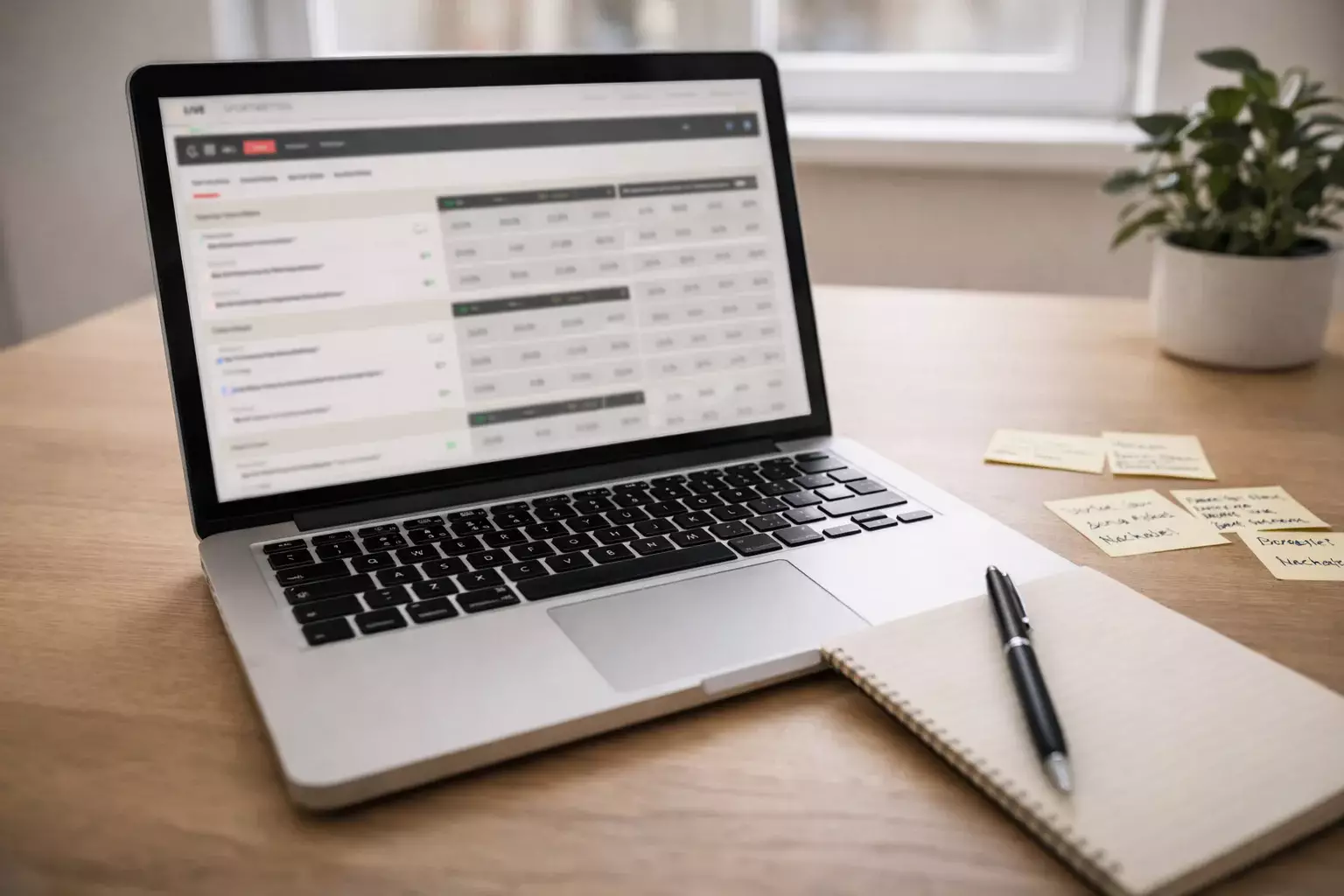 Laptop zeigt Sportwetten-Plattform neben Notizblock