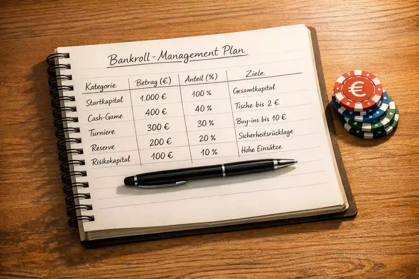 Notizbuch mit Wettplan und Stift auf Holztisch