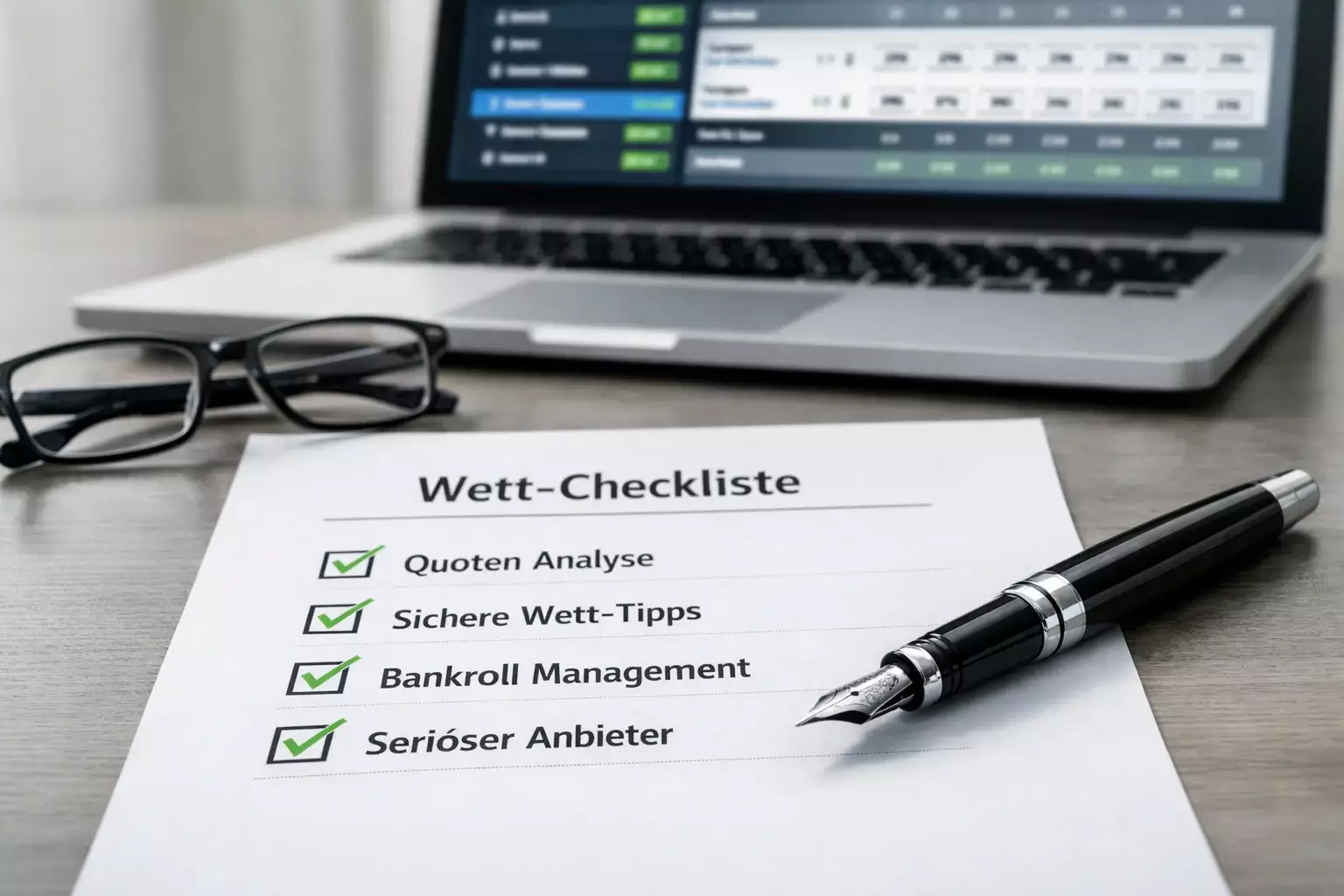 Checkliste mit Bewertungskriterien auf einem Schreibtisch