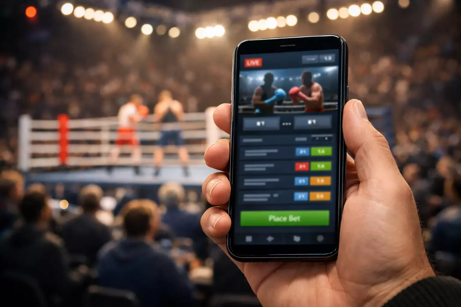 Hand h&auml;lt Smartphone mit Sportwetten-App w&auml;hrend eines Boxkampfes