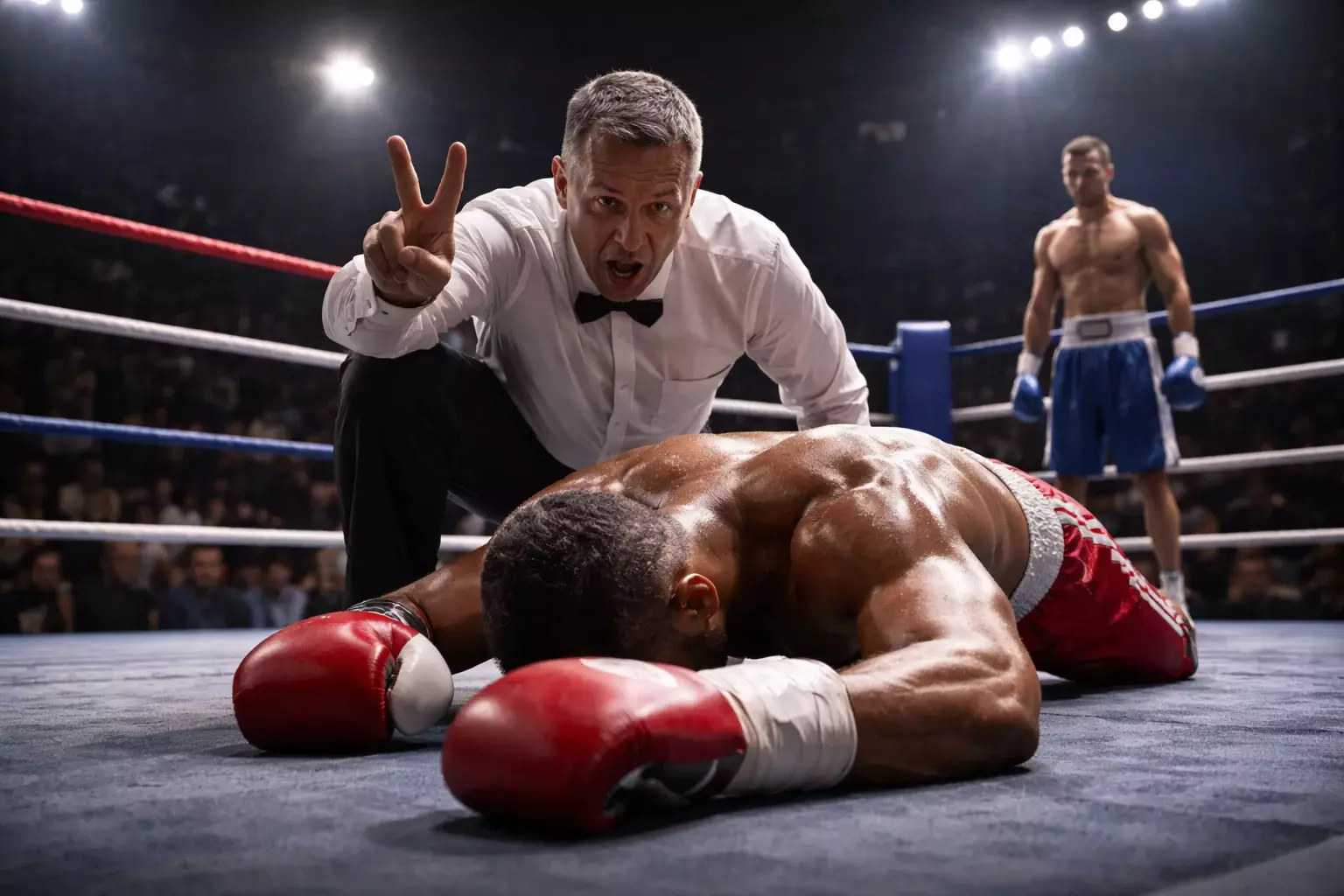 Ringrichter zählt einen Boxer an während eines Knockdowns