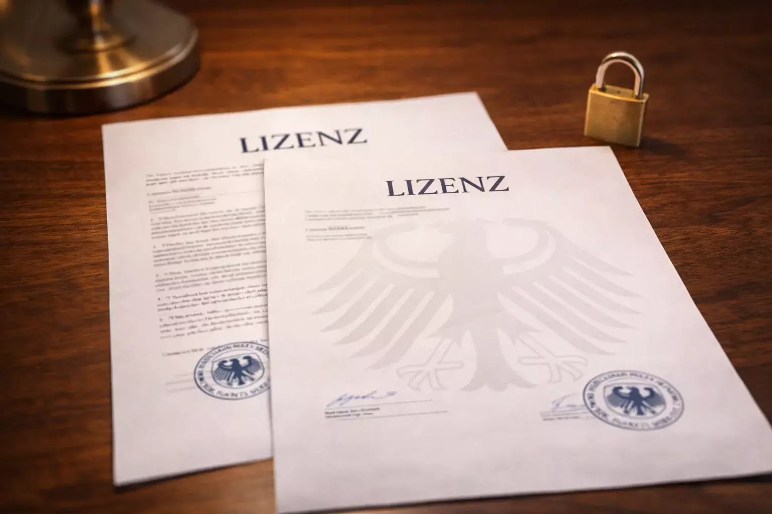 Deutsche Lizenz-Dokumente und Sicherheitsschloss auf Schreibtisch