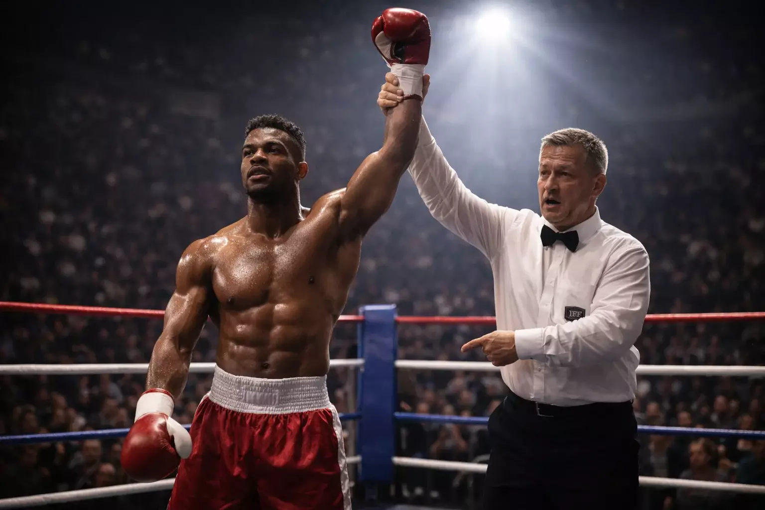 Boxer hebt die Faust nach einem gewonnenen Kampf im Ring