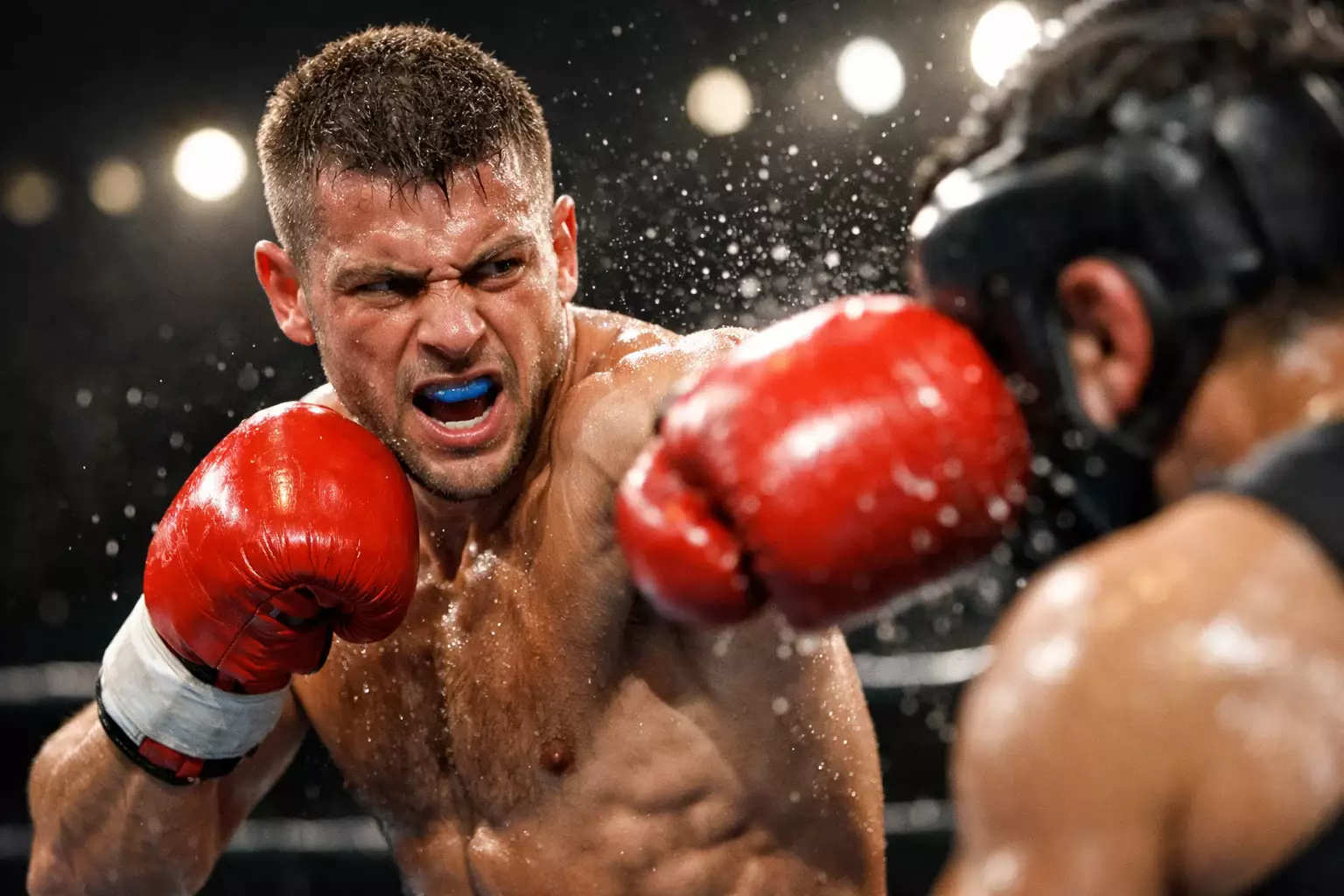 Nahaufnahme eines Boxers der einen Haken schlägt