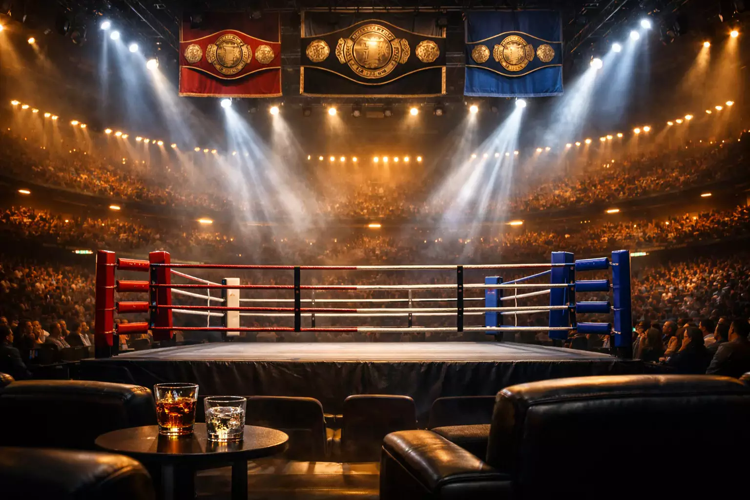 Boxring aus der Zuschauerperspektive vor einem großen Kampfabend