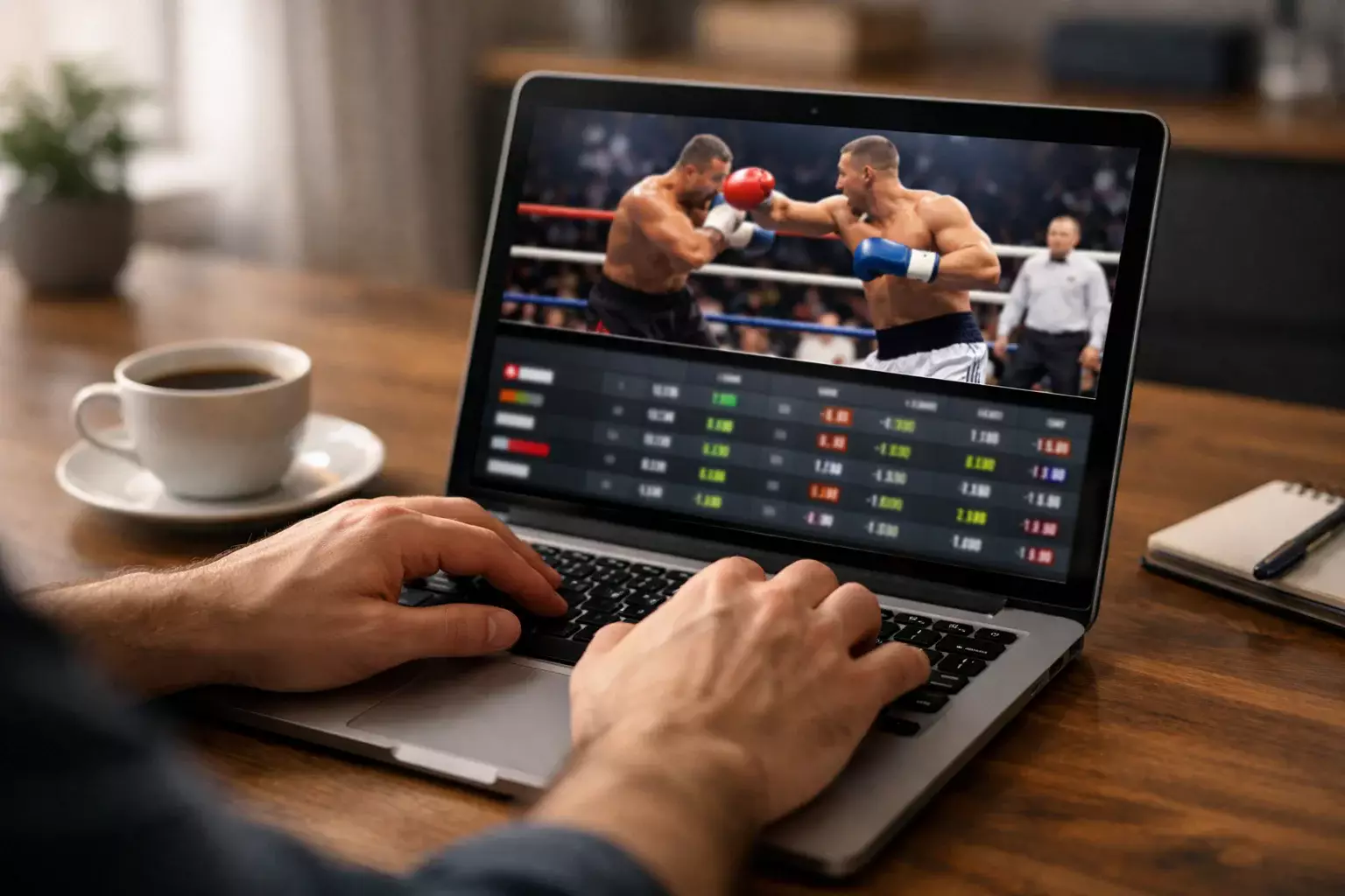 Person vergleicht Quoten auf Laptop f&uuml;r Boxwetten
