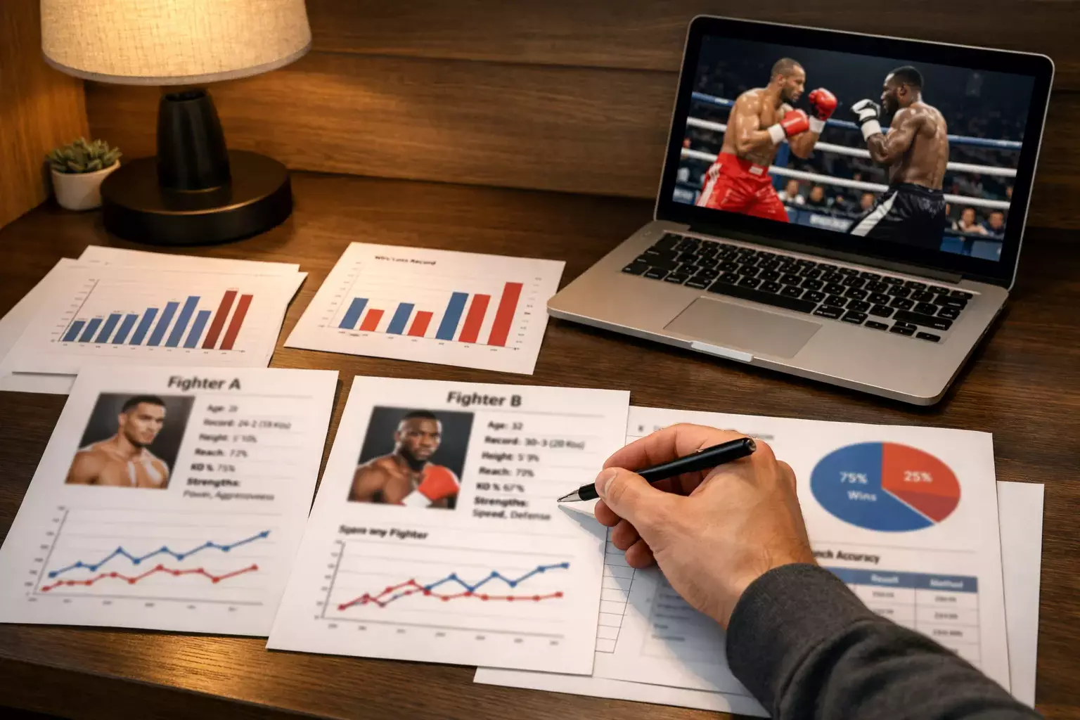 Person analysiert Boxer-Statistiken auf Dokumenten