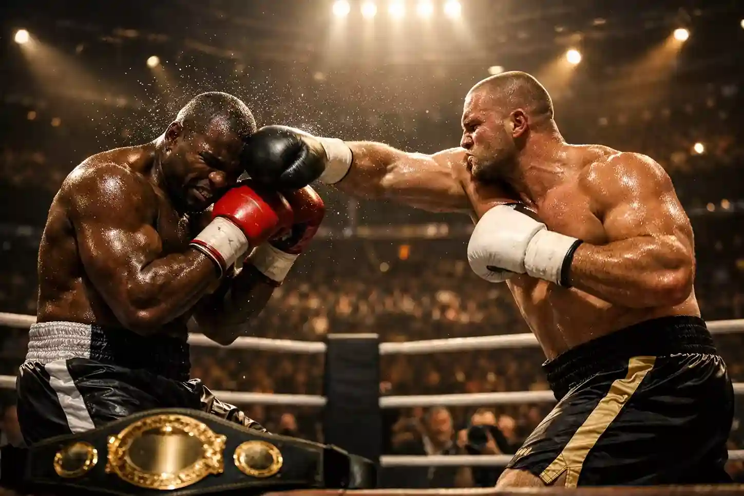 Zwei Boxer im Ring während eines Titelkampfes unter Scheinwerferlicht