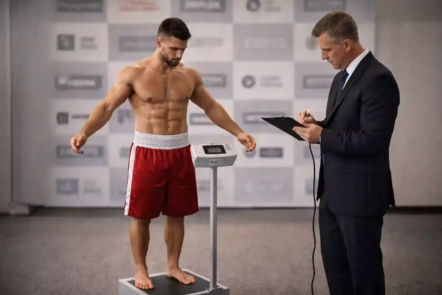 Boxer beim offiziellen Wiegen vor dem Kampf auf der Waage