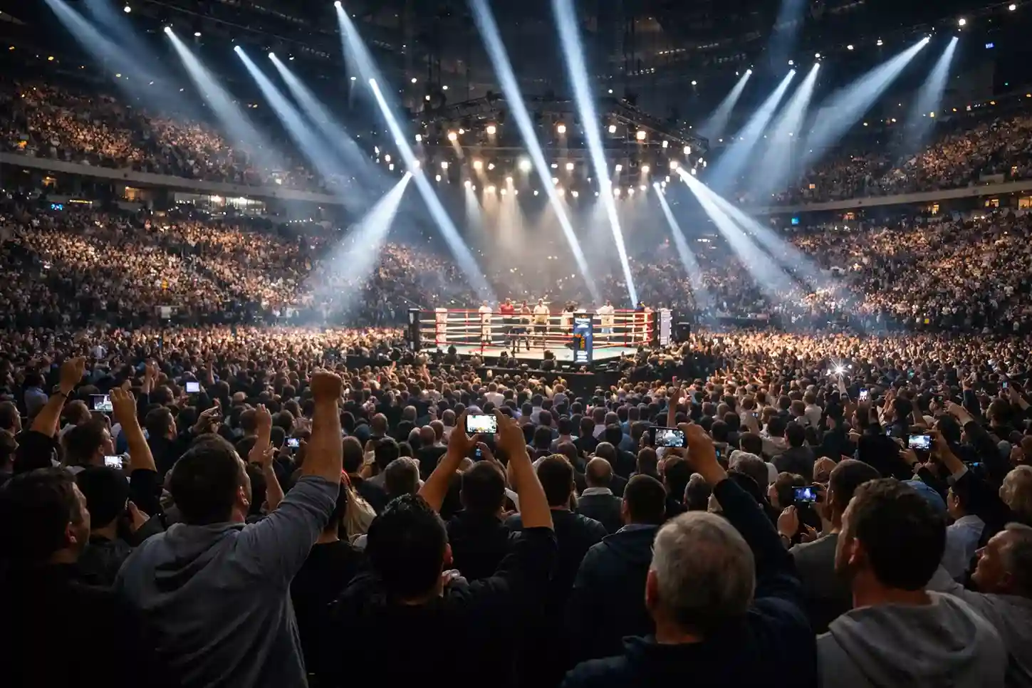 Volle Boxarena w&auml;hrend eines gro&szlig;en Kampfabends mit Publikum