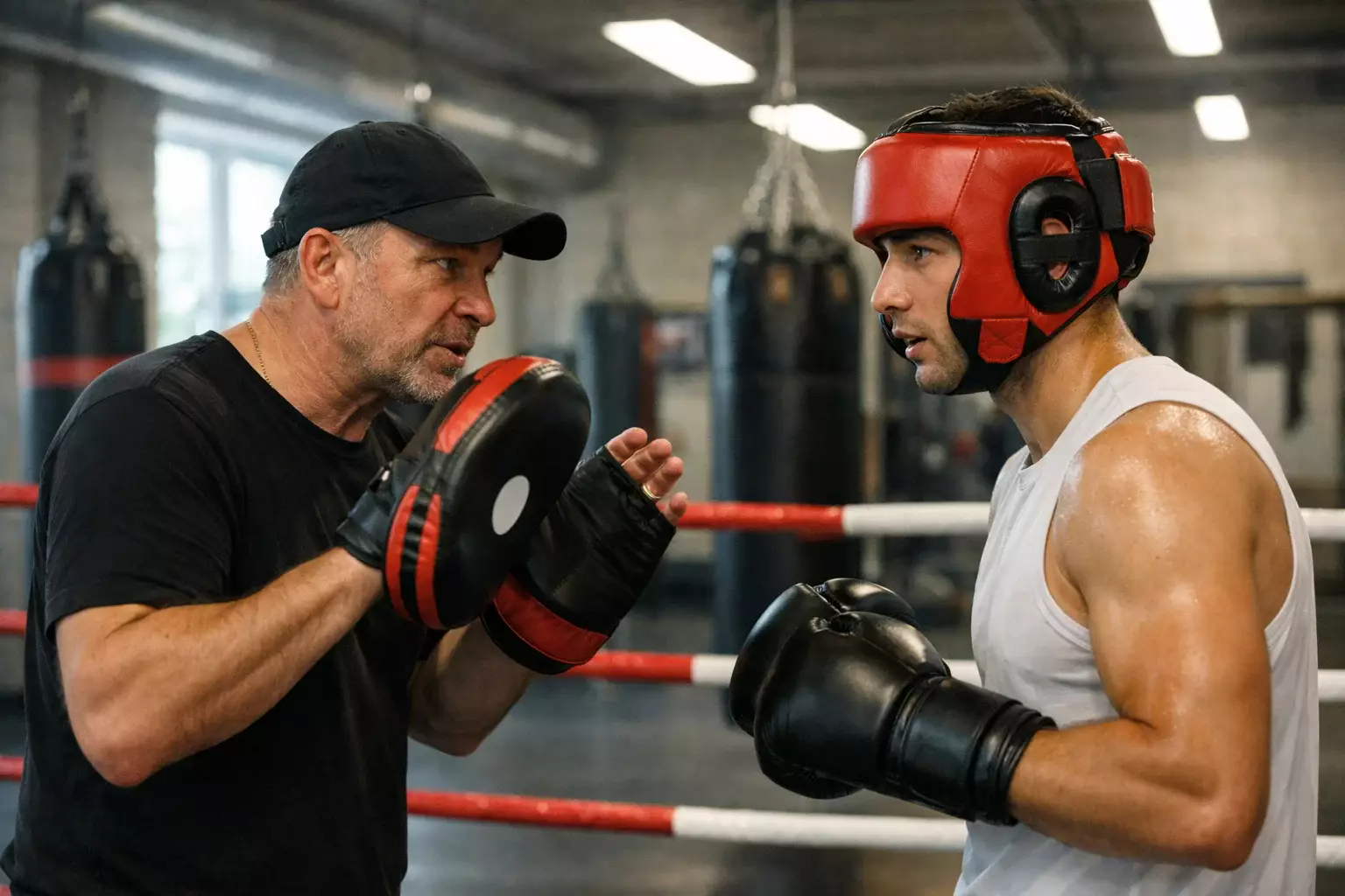 Boxer beim Training mit seinem Coach, der taktische Anweisungen gibt