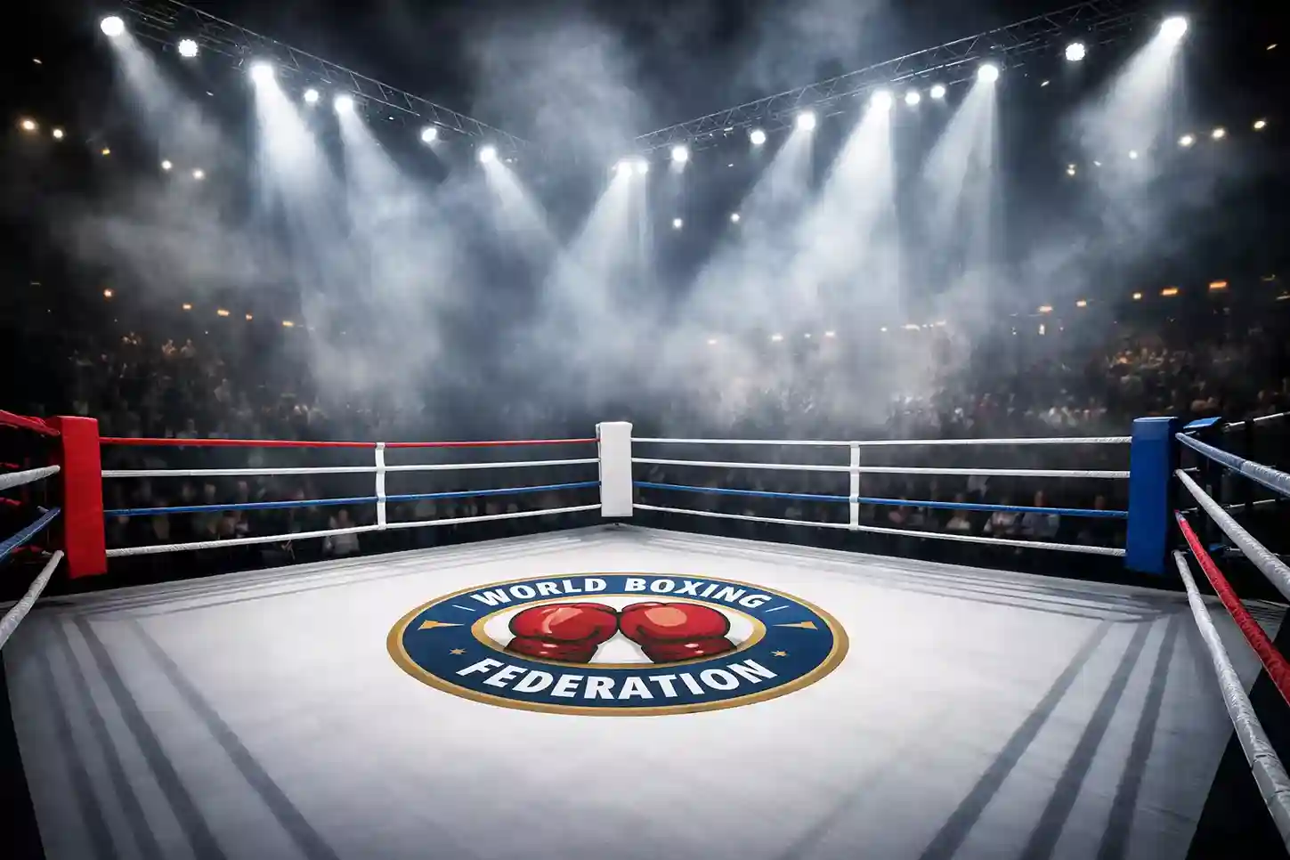 Professioneller Boxring w&auml;hrend eines Titelkampfes mit Scheinwerferlicht