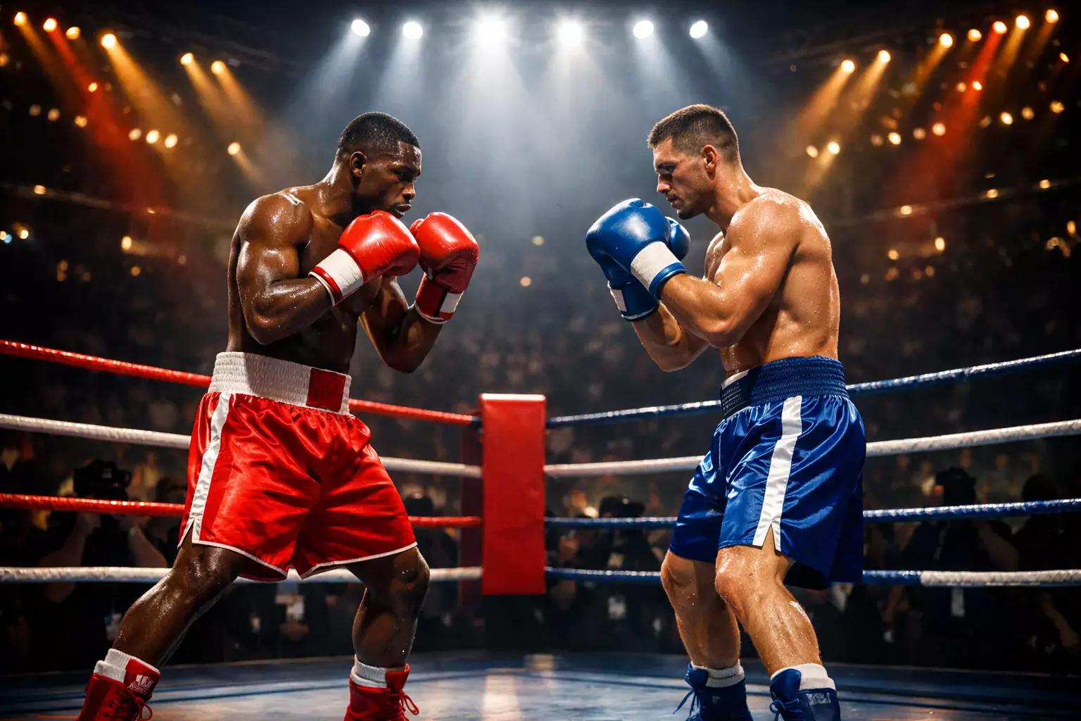 Profiboxer im Ring unter Scheinwerferlicht bei einem Titelkampf