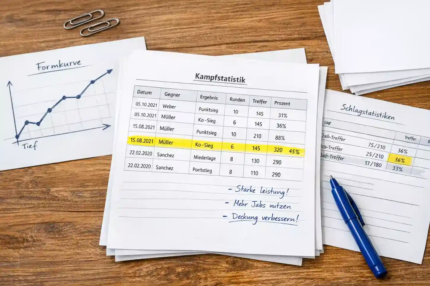 Dokument mit Boxkampf-Daten und handschriftlichen Auswertungen