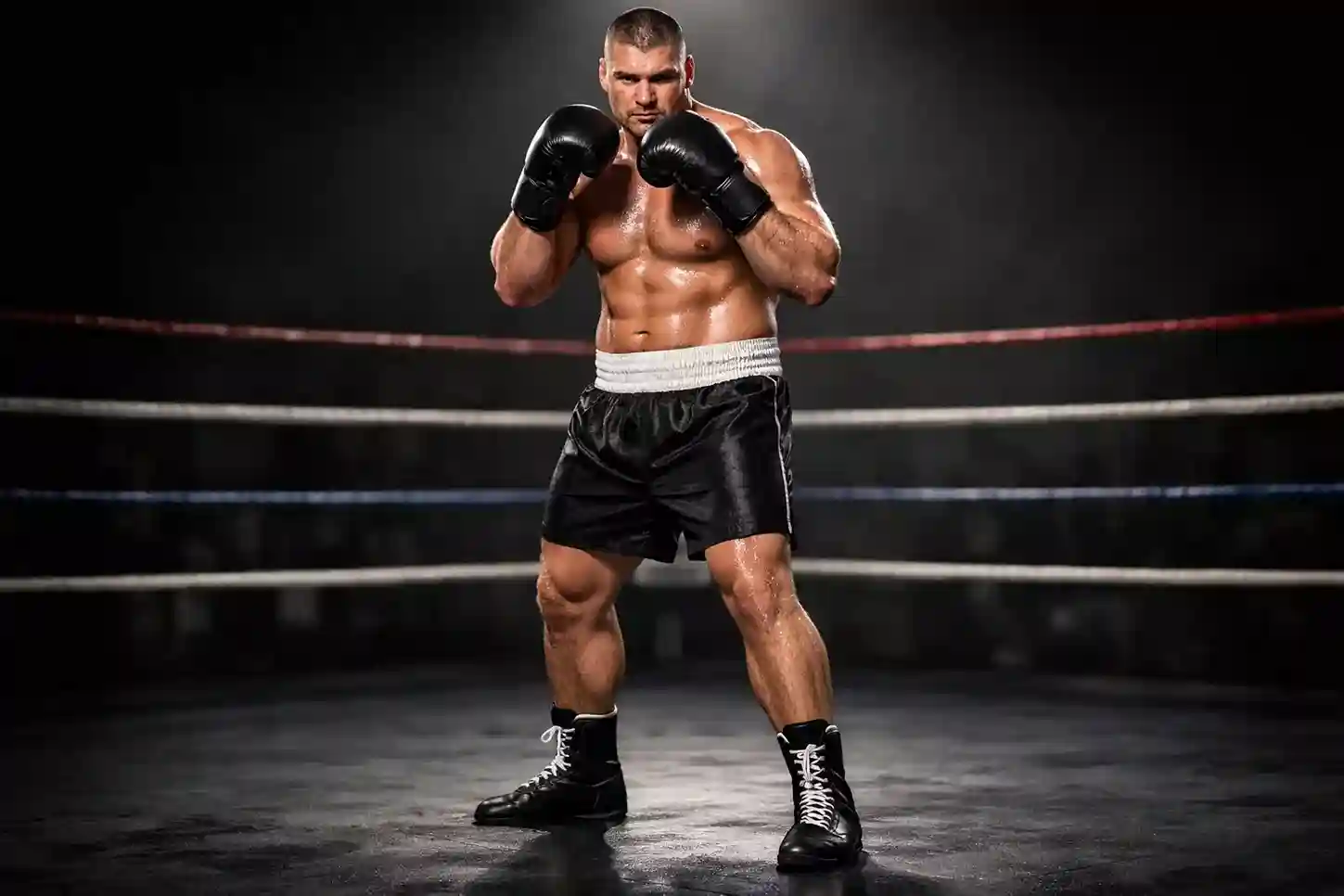 Muskul&ouml;ser Schwergewichtsboxer in Kampfstellung im Ring