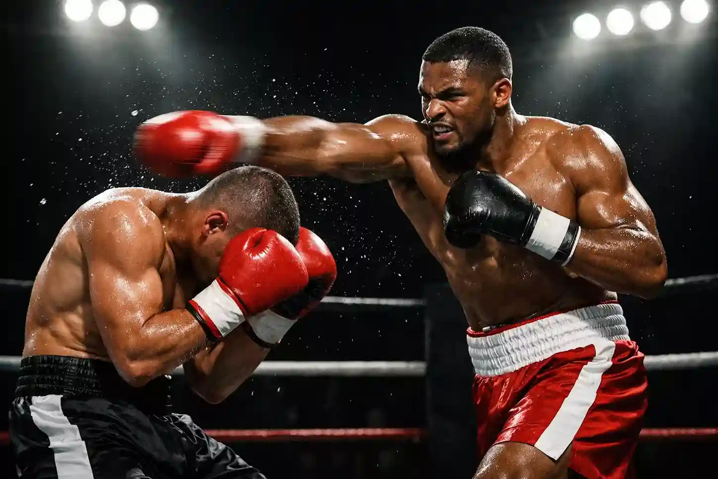 Boxer im Kampf mit dynamischer Bewegung im beleuchteten Ring