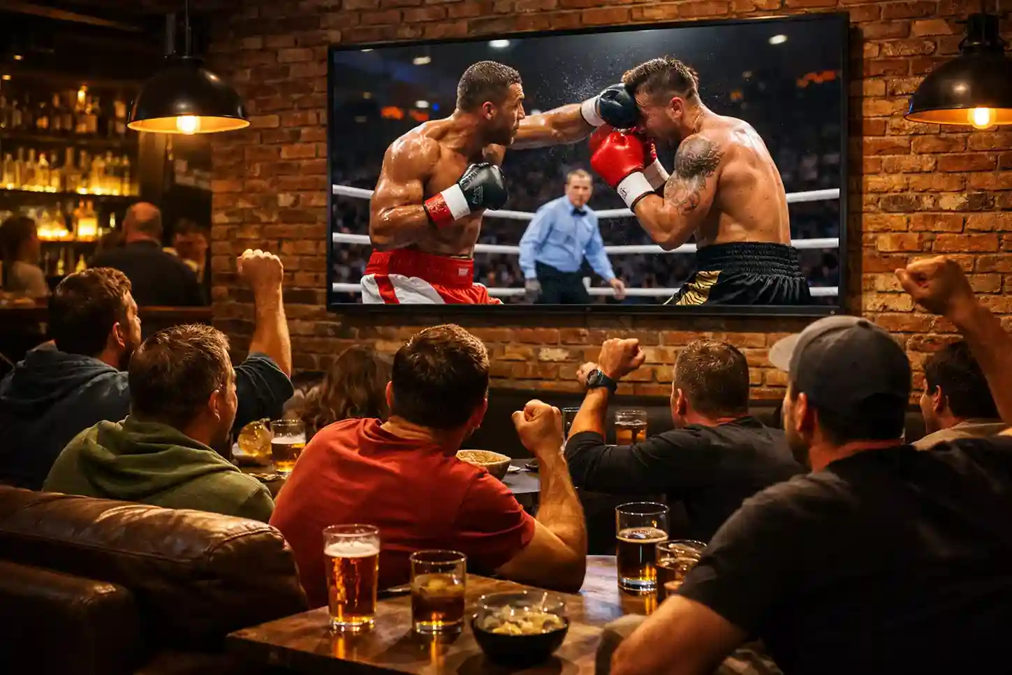 Boxfans verfolgen einen Live-Kampf auf großem Bildschirm in Sportbar