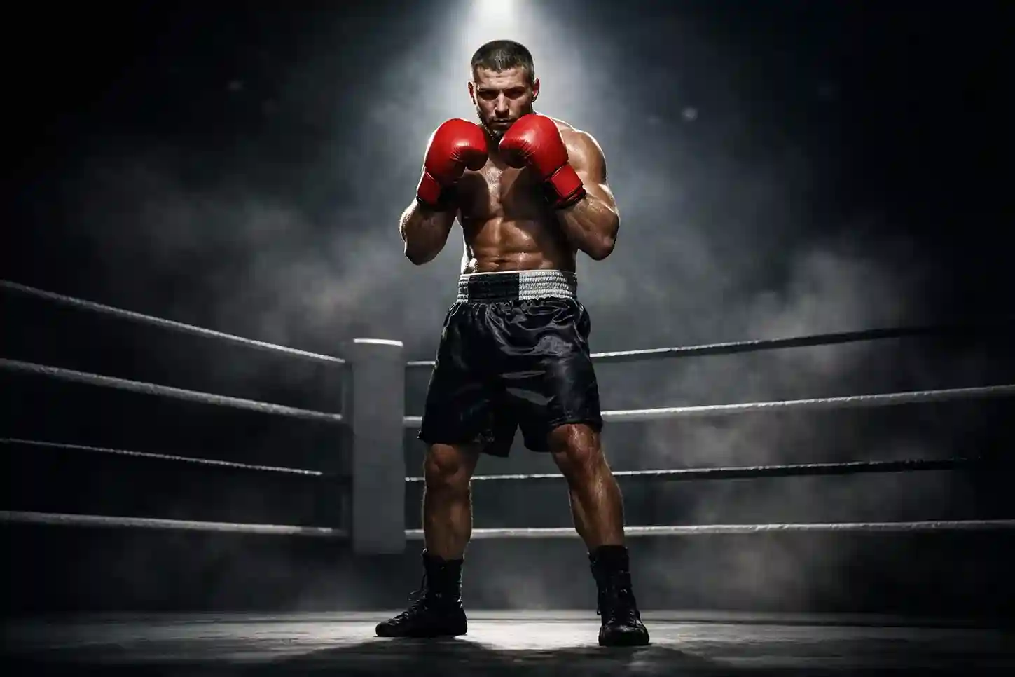 Boxer im Ring unter Scheinwerferlicht bereitet sich auf den Kampf vor