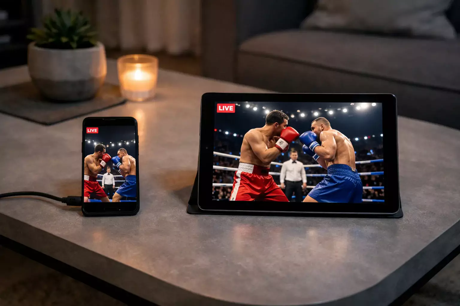 Smartphone und Tablet nebeneinander zeigen Boxkampf-Stream