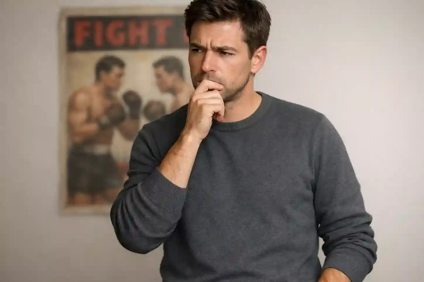 Person h&auml;lt inne und denkt nach vor einem Boxkampf-Poster