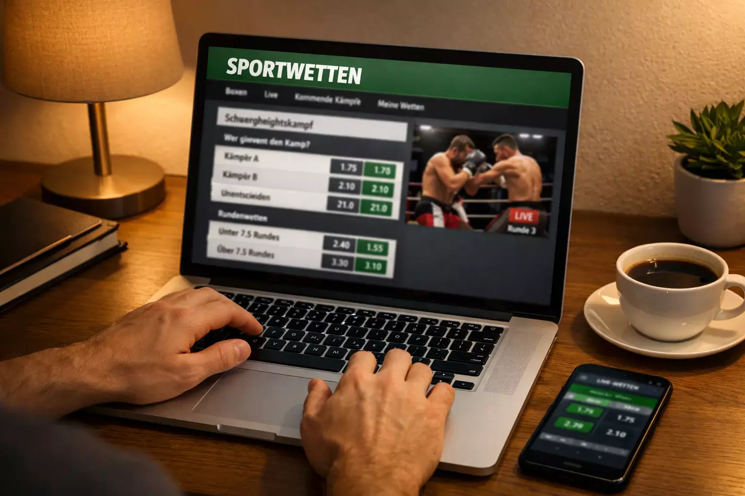 Laptop mit Sportwetten-Plattform und Boxkampf-Übertragung auf dem Bildschirm